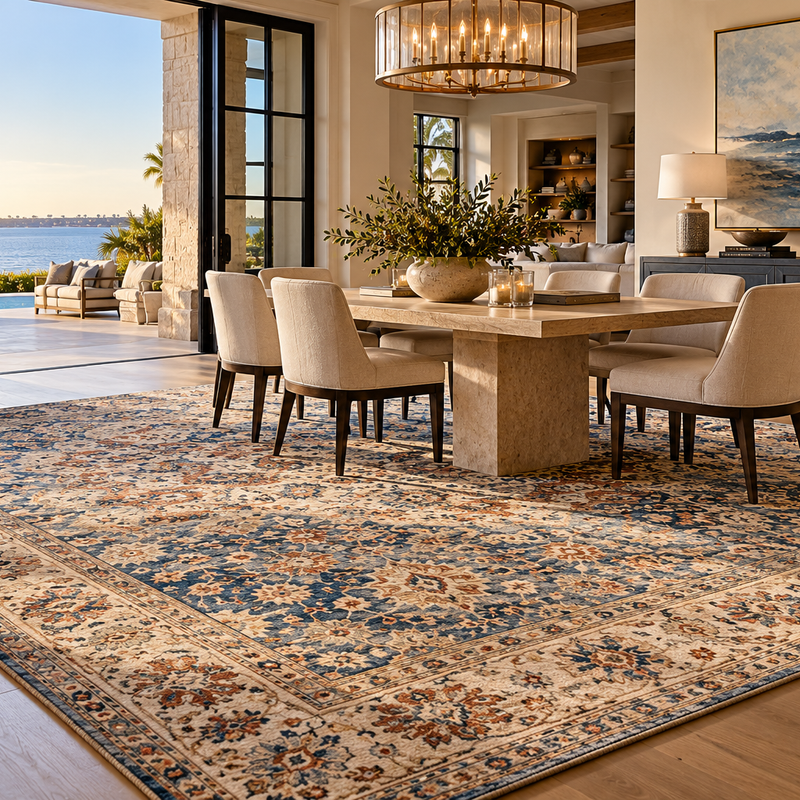 Transitional rug in an elegant living room