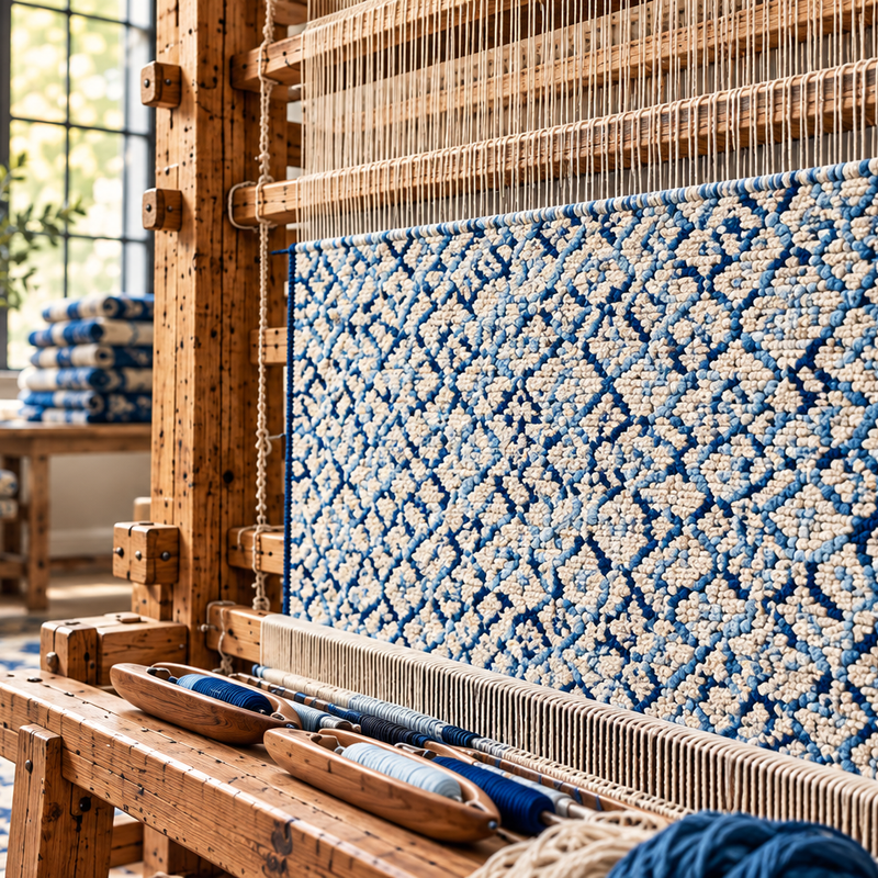 Fine blue-and-ivory hand-knotted rug being woven on a vertical loom